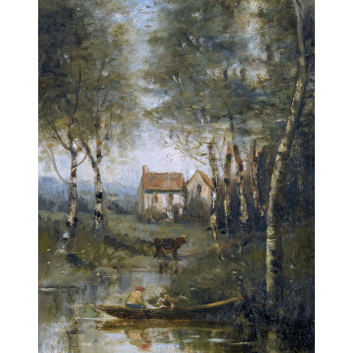 JEAN BAPTISTE CAMILLE COROT : Uferpartie mit Boot und Haus (DOBIASCHOFSKY AUKTIONEN AG)
