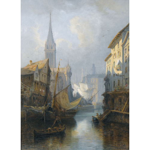 LOUIS MENNET : Stimmungsvoller Kanal mit Segelbooten (DOBIASCHOFSKY AUKTIONEN AG)
