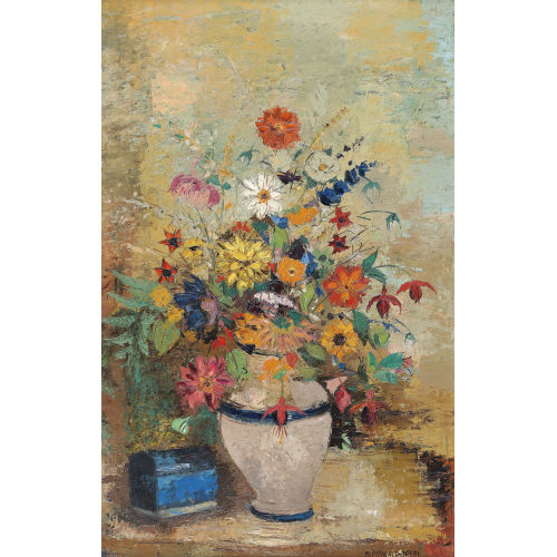 MARGHERITA OSSWALD-TOPPI : Stillleben mit Feldblumen und blauer Schatulle (DOBIASCHOFSKY AUKTIONEN AG)