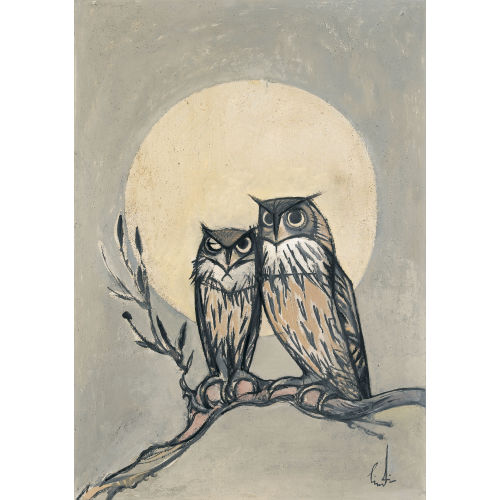 ALBERT) LINDI (EIGTL. LINDEGGER : Zwei Eulen bei Vollmond (DOBIASCHOFSKY AUKTIONEN AG)