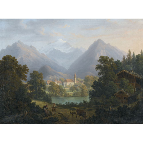 ANTON WINTERLIN : Idyllische Landschaft mit Bergkulisse und Dorf (DOBIASCHOFSKY AUKTIONEN AG)