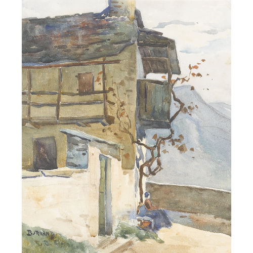 EUG�NE BURNAND : Sommerliche Hauspartie mit sitzender Frau (DOBIASCHOFSKY AUKTIONEN AG)