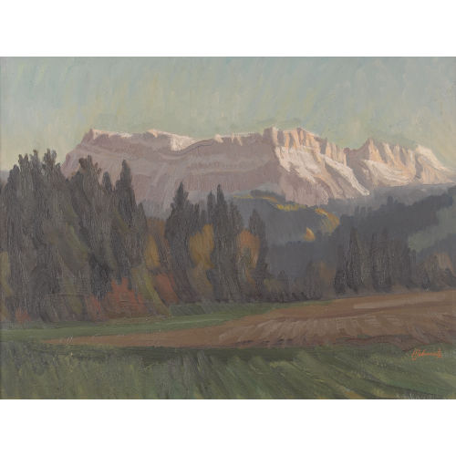 WERNER SCHMUTZ : Abendliche Feldlandschaft vor Felsmassiv (DOBIASCHOFSKY AUKTIONEN AG)