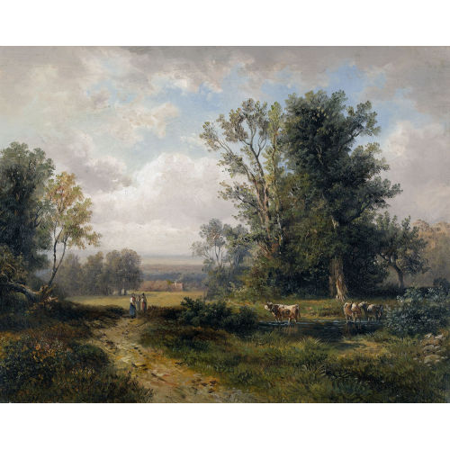 JULES ADOLPHE AIM� LOUIS BRETON : Sommerliche Landschaft mit B�uerinnen und K�hen (DOBIASCHOFSKY AUKTIONEN AG)