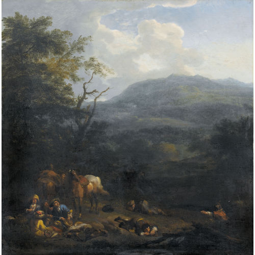 JAN VAN HUCHTENBURGH : Landschaft mit rastenden Reitern (DOBIASCHOFSKY AUKTIONEN AG)