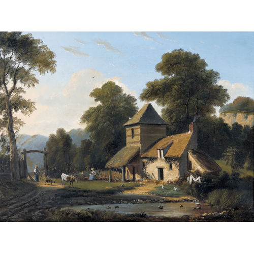 L�ON GAUD : Idyllische Bauernhofszene mit B�uerinnen im Abendlicht (DOBIASCHOFSKY AUKTIONEN AG)