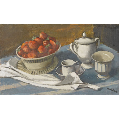ERNEST BOLENS : Stillleben mit Erdbeeren und Tafelporzellan (DOBIASCHOFSKY AUKTIONEN AG)