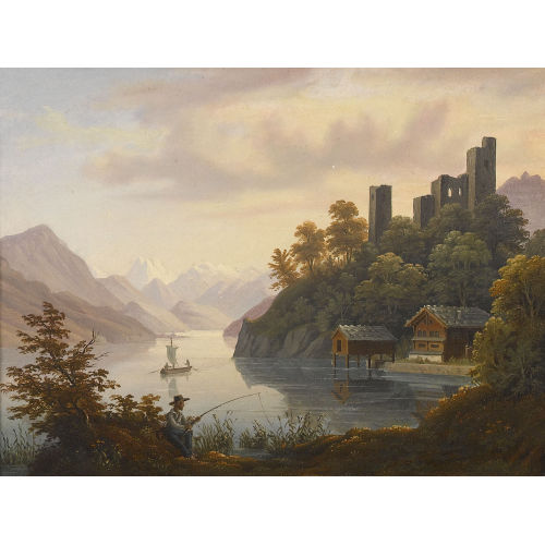 ANTON WINTERLIN : Vierwaldst�ttersee mit Angler und Burgruinen (DOBIASCHOFSKY AUKTIONEN AG)