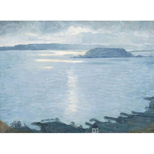 ERNST SAMUEL GEIGER : Blick auf den Kirchturm von Twann und die St. Petersinsel (DOBIASCHOFSKY AUKTIONEN AG)