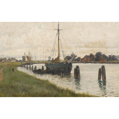 WALTER MORAS : Flussufer mit Segelschiff in Norddeutschland (DOBIASCHOFSKY AUKTIONEN AG)