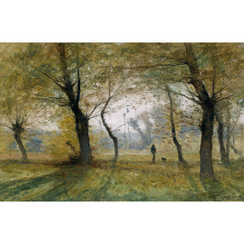 GUSTAVE EUG�NE CASTAN : Lichte Waldpartie mit J�ger und Hund (DOBIASCHOFSKY AUKTIONEN AG)