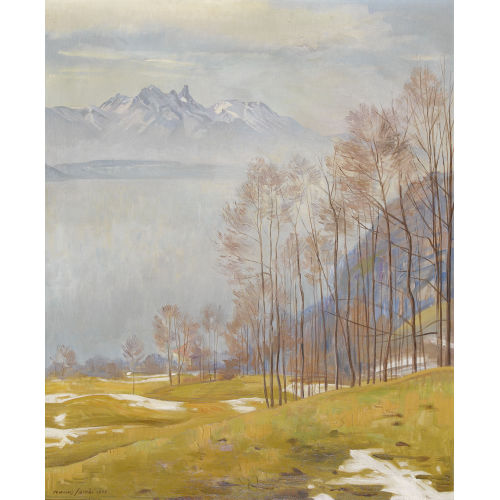 MARCUS JACOBI : Schneeschmelze am Thunersee mit dem Stockhorn (DOBIASCHOFSKY AUKTIONEN AG)