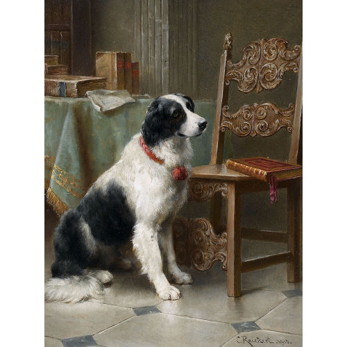 CARL REICHERT : Interieur mit B�chern und einem Hund (DOBIASCHOFSKY AUKTIONEN AG)
