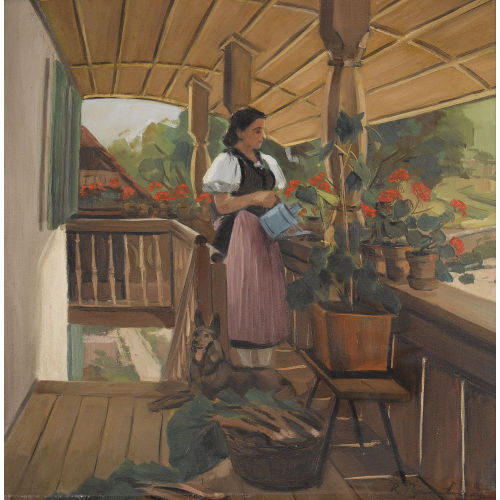 ROBERT BAUMBERGER : Trachtenfrau beim Blumengiessen (DOBIASCHOFSKY AUKTIONEN AG)