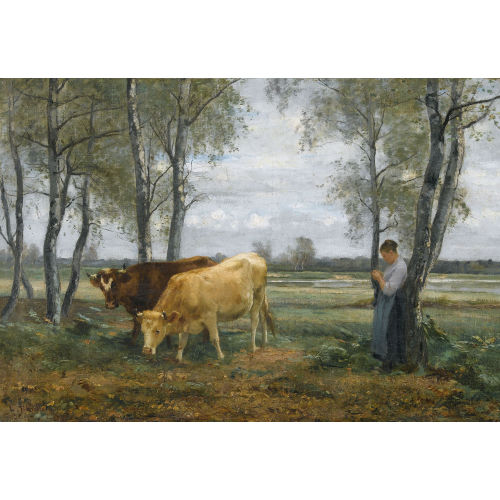 L�ON BARILLOT : Strickende B�uerin mit zwei K�hen (DOBIASCHOFSKY AUKTIONEN AG)