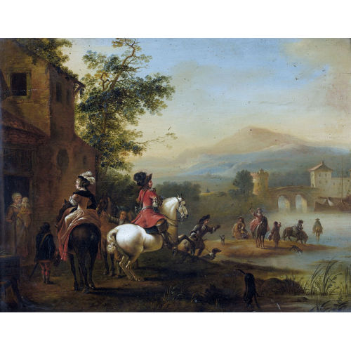 PIETER WOUWERMAN : Flusslandschaft mit adligen Reitern (DOBIASCHOFSKY AUKTIONEN AG)