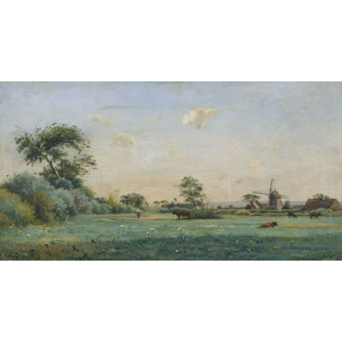 ADRIEN JACQUES SAUZAY : Wiesenlandschaft mit Vieh und Windm�hle (DOBIASCHOFSKY AUKTIONEN AG)