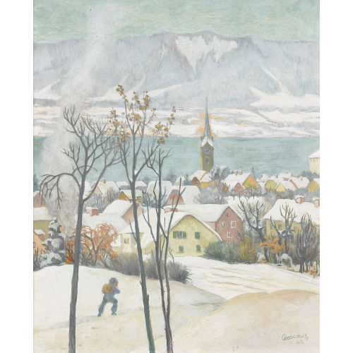 FRITZ BOSCOVITS : Blick auf das winterliche Zollikon am Z�richsee (DOBIASCHOFSKY AUKTIONEN AG)