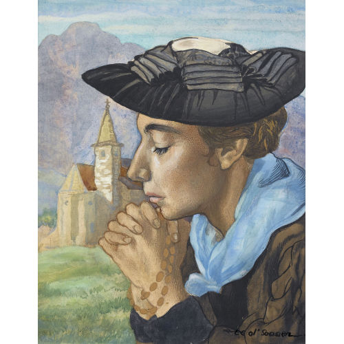 CHARLES CLOS OLSOMMER : Betende Walliserin vor einer Kirche (DOBIASCHOFSKY AUKTIONEN AG)