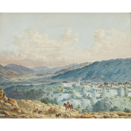 JOHANN SALOMON HEGI : S�dliche Landschaft mit Reiter und drei Packeseln (DOBIASCHOFSKY AUKTIONEN AG)