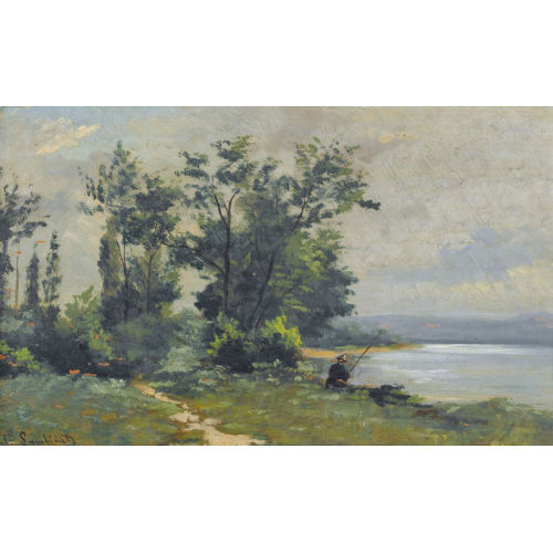 �MILE CHARLES LAMBINET : Flussuferpartie mit Angler (DOBIASCHOFSKY AUKTIONEN AG)