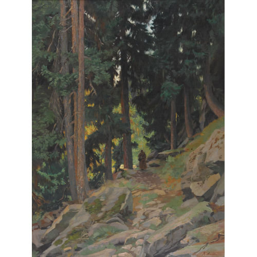 KARL ANNELER : Pfad im sommerlichen Bergwald mit einem M�nch (DOBIASCHOFSKY AUKTIONEN AG)