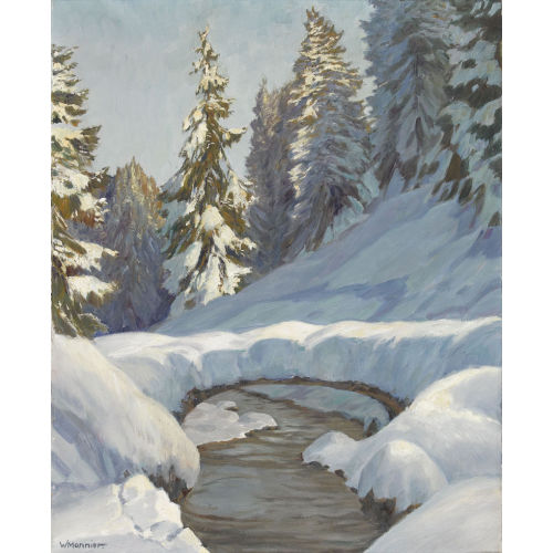 WILLY MONNIER : Sonnige Winterlandschaft mit Bergbach (DOBIASCHOFSKY AUKTIONEN AG)