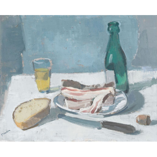 KARL MOOR : Stillleben mit Speck, Brot und Wein (DOBIASCHOFSKY AUKTIONEN AG)