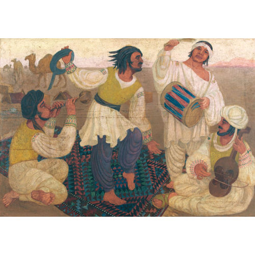 MARCEL AMIGUET : Orientalischer Tanz mit Musikanten in der W�ste (DOBIASCHOFSKY AUKTIONEN AG)