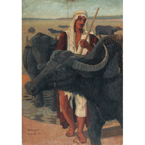 MARCEL AMIGUET : Irakischer Hirte mit B�ffelherde am Fluss (DOBIASCHOFSKY AUKTIONEN AG)