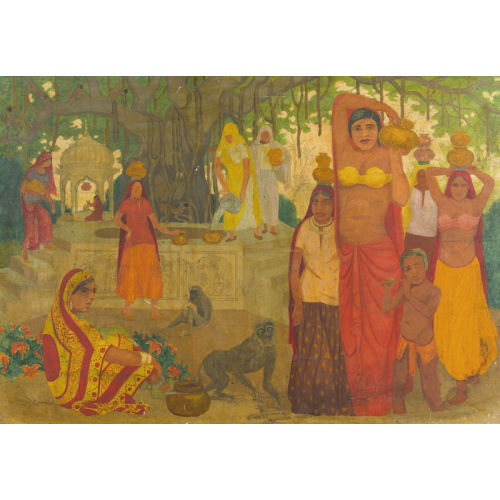 MARCEL AMIGUET : Brunnenszene in Indien mit Frauen und Affen unter Bodhibaum (DOBIASCHOFSKY AUKTIONEN AG)