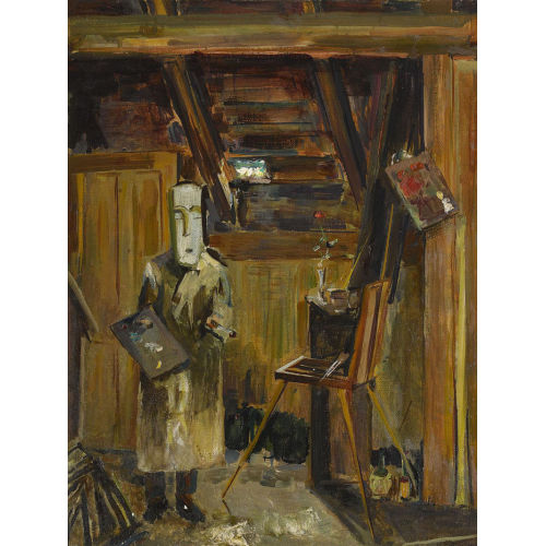 MARTIN LAUTERBURG : Selbstbildnis im Atelier mit Maske (DOBIASCHOFSKY AUKTIONEN AG)