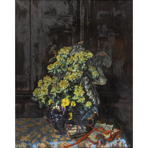 FRANK LOUIS BEHRENS : Stillleben mit Blumen und Eisvogel (DOBIASCHOFSKY AUKTIONEN AG)