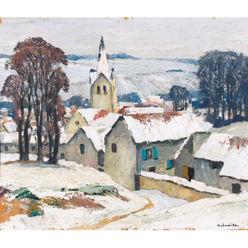 GASTON BALANDE : Verschneites Dorf mit Kirchturm (DOBIASCHOFSKY AUKTIONEN AG)