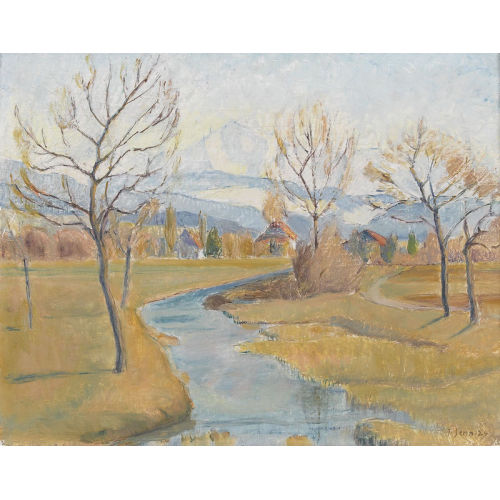 TRAUGOTT SENN : Herbstliche Bachlandschaft mit Berner Alpenpanorama (DOBIASCHOFSKY AUKTIONEN AG)