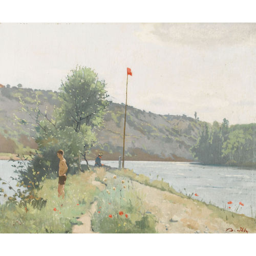 JEAN-DANIEL IHLY : Sommerliche Uferpartie mit Badendem und Anglerin (DOBIASCHOFSKY AUKTIONEN AG)