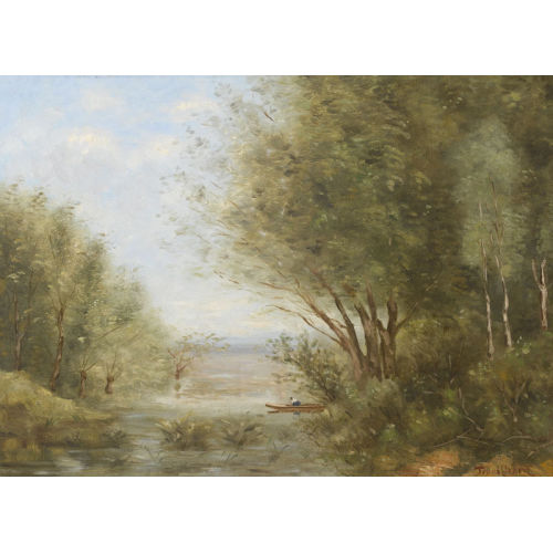 PAUL-D�SIR� TROUILLEBERT : Bewaldetes Flussufer mit einem Fischer (DOBIASCHOFSKY AUKTIONEN AG)