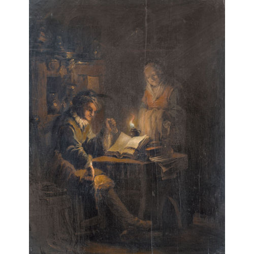 JOHANN CONRAD SEEKATZ : N�chtliches Interieur mit Lesenden und alter Magd (DOBIASCHOFSKY AUKTIONEN AG)