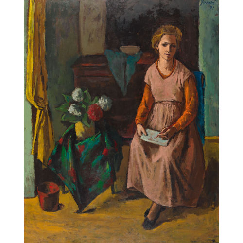 JEANNE) JANEB� (EIGTL. BARRAUD-PELLET : Interieur mit sitzender Frau und Blumenstrauss (DOBIASCHOFSKY AUKTIONEN AG)