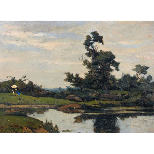 HENRI-JOSEPH HARPIGNIES : Uferpartie mit Maler und Staffelei (DOBIASCHOFSKY AUKTIONEN AG)