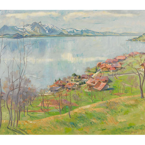MARCUS JACOBI : Herbstliche Thunerseelandschaft mit Stockhornkette (DOBIASCHOFSKY AUKTIONEN AG)