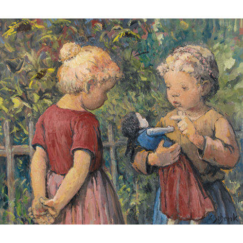 KARL SCHENK : Zwei M�dchen mit einer Puppe im Garten (DOBIASCHOFSKY AUKTIONEN AG)