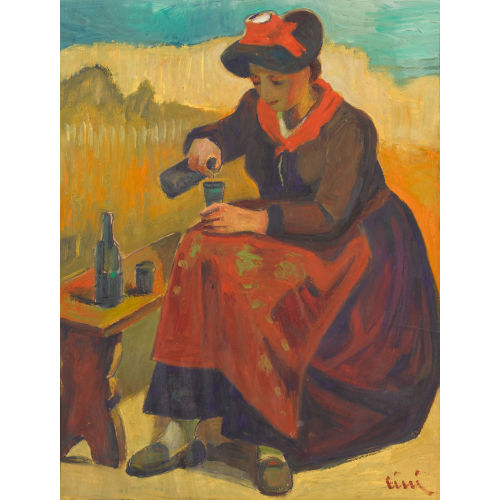 ALFREDO CINI : Sitzende Walliserin beim Weintrinken (DOBIASCHOFSKY AUKTIONEN AG)