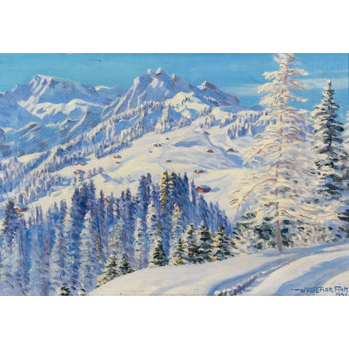 WALDEMAR THEOPHIL FINK : 'Neuschnee bei Adelboden' (DOBIASCHOFSKY AUKTIONEN AG)
