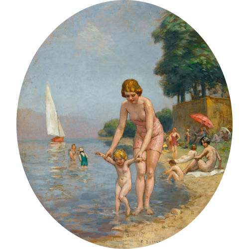 AUGUSTE FR�D�RIC DUFAUX : Strandpartie mit badender Mutter und Kind (DOBIASCHOFSKY AUKTIONEN AG)