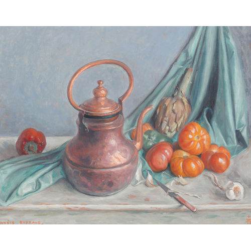 AUR�LE-REN� BARRAUD : Stillleben mit Kupferkanne, Tomaten und Artischocke (DOBIASCHOFSKY AUKTIONEN AG)