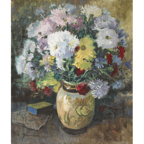 ELLIS ZBINDEN : Stillleben mit Blumen und Streichholzschachtel (DOBIASCHOFSKY AUKTIONEN AG)