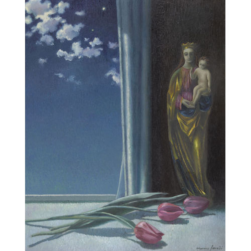 MARCUS JACOBI : N�chtliches Stillleben mit Tulpen und Marienskulptur (DOBIASCHOFSKY AUKTIONEN AG)