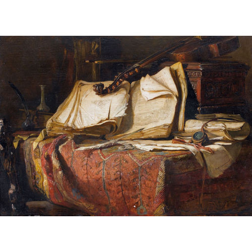 HUGO CHARLEMONT : 'Stilleben mit Notenbuch auf Tisch' (DOBIASCHOFSKY AUKTIONEN AG)