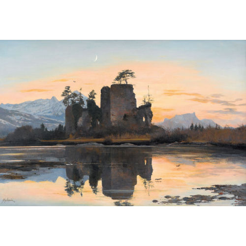 ALFRED-HENRI BERTHOUD : Die Burgruine Weissenau bei Interlaken im Abendrot (DOBIASCHOFSKY AUKTIONEN AG)